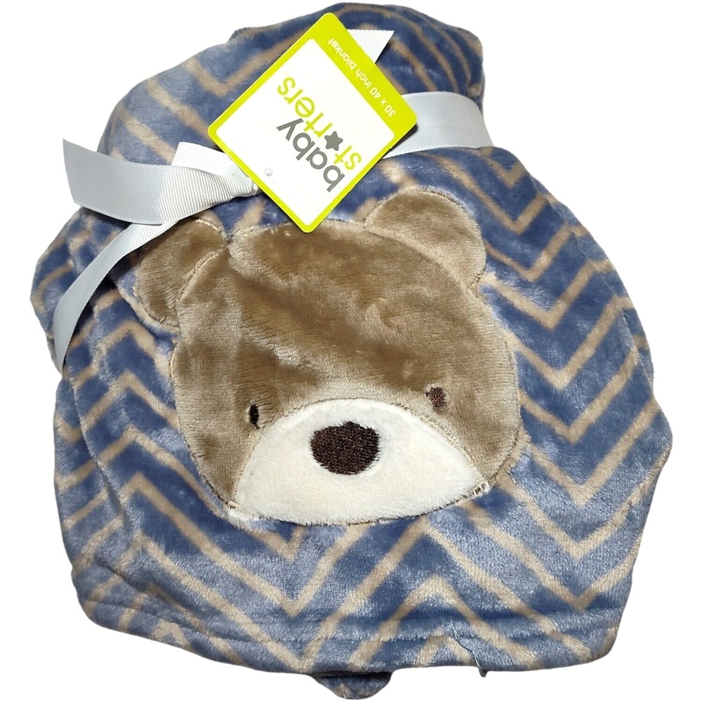 Baby Starters Blue Chevron Bear Face Blanket Brown Tan Soft Lovey Zig‎ Zag NWT